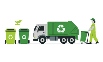 Illustration of green recycling truck, bins, and worker with leaf icon, symbolizing environmental sustainability and waste management