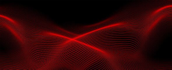 Abstract red wave lines on black background with flowing, futuristic motion effect, perfect for tech, music, or digital backgrounds. vector Illustration