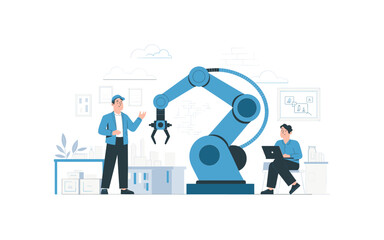 Automation and Human Collaboration: Engineer controlling Robotic Arm with laptop, while supervisor Overseeing Production in a Modern Manufacturing Plant with Automation Technology