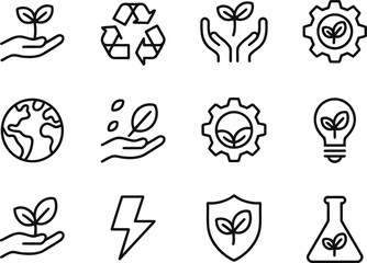 Collection of Environmental and Sustainability Icons Representing Ecology Conservation Renewable Energy and Scientific Solutions for a Greener Future and Sustainable Practices