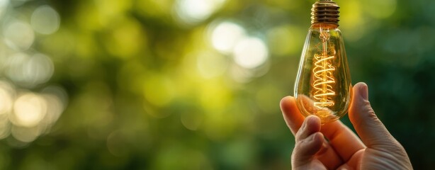 The hand holding a glowing vintage light bulb against a natural background.