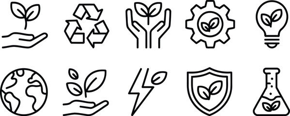 Sustainability and Ecology Icons Representing Green Energy, Recycling, Conservation, and Environmental Protection for a Sustainable Future and Harmonious Coexistence with Nature