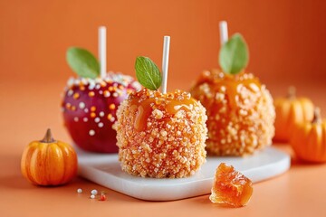 Gourmet Caramel Apples with Sprinkles and Mini Pumpkins on Orange, Moody Autumn Still Life Composition, Tasty Halloween Confections Display