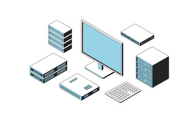 Isometric Network Infrastructure: Monitor, Servers, Keyboard, and Network Devices in White and Light Blue, Representing Network System and Modern Connectivity
