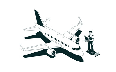 Isometric Airplane Inspection: Engineer with Laptop Performs Aircraft Maintenance and Diagnostics Using Advanced Technology in a Modern Aviation Environment.