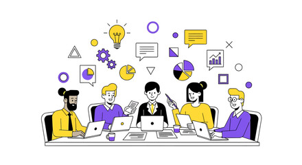 Diverse professionals collaborating at a meeting, generating innovative ideas