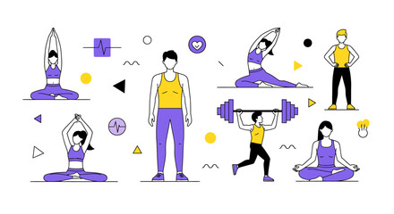 Diverse fitness activities depicted in a modern geometric style illustration