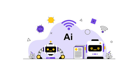 Whimsical illustration showcasing artificial intelligence with cute robots and