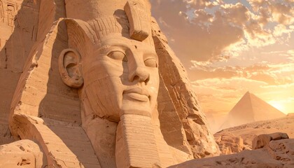 Ancient Egyptian statue in desert landscape at sunrise