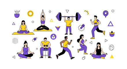 Diverse fitness and wellness activities illustration with vibrant geometric