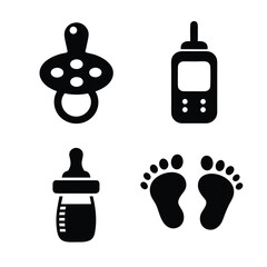 Black icons of baby pacifier bottle baby monitor and footprints on white vector