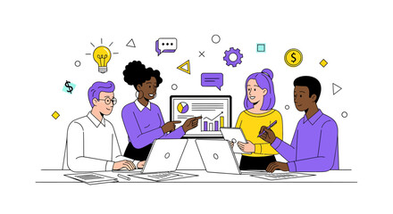 Diverse team collaboratively analyzing business data at modern workspace setting