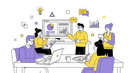 Teamwork illustration showcasing collaborative business analytics discussion