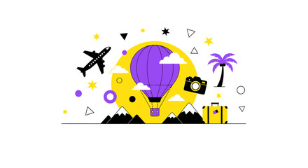 Obraz premium Colorful travel concept with hot air balloon, airplane, camera and suitcase