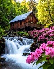 Picturesque mountain cabin by a waterfall