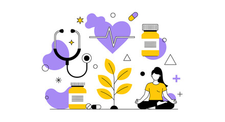 Holistic healthcare conceptual illustration combining medicine and meditation