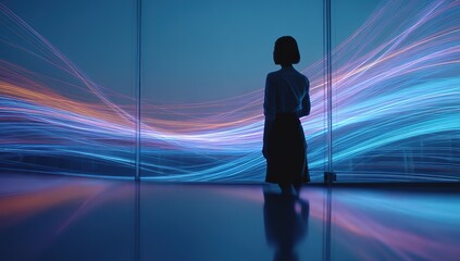an open glass room with glowing lines, representing the flow of data and technology in her work environment