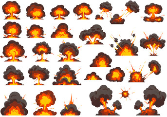 Pixelated Explosions Set Burning Flames and Black Smoke with Transparent Background