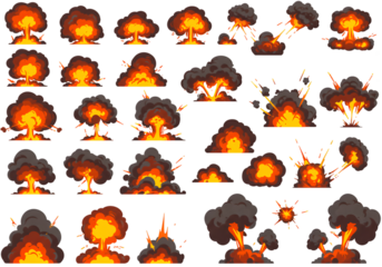 Pixelated Explosions Set Burning Flames and Black Smoke with Transparent Background
