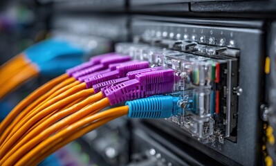 Fiber optic cables connected to optical transceivers, vertically facing the camera, with a blue and purple color theme, set against an industrial network cabinet in close-up