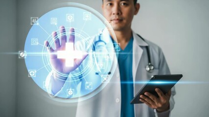 A doctor in a white coat interacts with a futuristic holographic interface displaying medical icons and a central glowing cross - Powered by Adobe