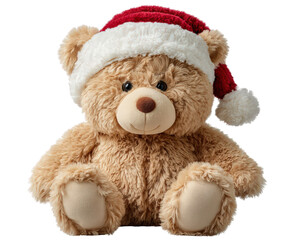 Fototapeta premium Teddy bear Santa hat plush toy Christmas festive cute soft holiday decoration brown isolated cheerful winter gift celebration adorable stuffed children present cozy furry red white happy