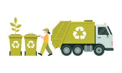 Illustration of person pushing recycling bin toward green truck with plant and symbols, promoting sustainability and eco-friendly practices