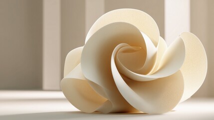 Abstract Beige Paper Flower Sculpture with Smooth Curved Petals in Minimalist Modern Space, Ideal as Wallpaper or Poster for Elegant Decor and Artistic Design