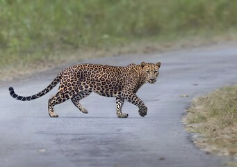 Leopard Walking Across Jungle Road