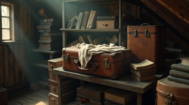 Attic Storage with Vintage Suitcases and Books
