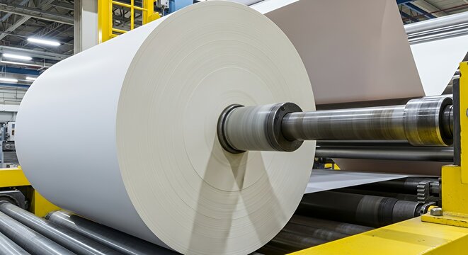 Large White Paper Roll on Industrial Printing Machine in Factory Setting