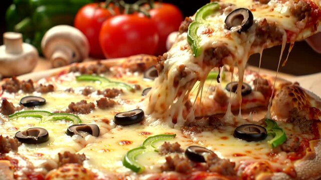 Closeup of a delicious, cheesy pizza with toppings of green peppers, black olives, and crumbled meat, with a slice being lifted, showing melted cheese strings