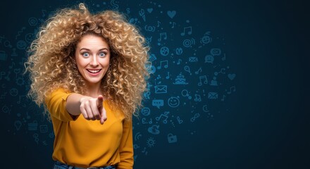 Dynamic Expression: An expressive woman with vibrant, curly hair points directly at the viewer, radiating energy and engaging curiosity. Surrounded by abstract icons hinting at themes. 