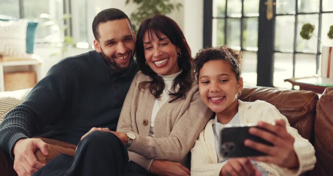 Selfie, family and people in home on couch, bonding and happy memories for social media post. Love, parents and girl child in living room with sofa, connection and photography for digital album.