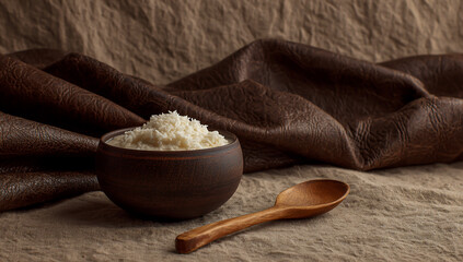 A rustic bowl of creamy white butter sits next to a wooden spoon on a textured surface
