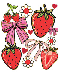 Whimsical Strawberry and Bow Clipart with Glitter Accents on a Black and Gold Background fruit