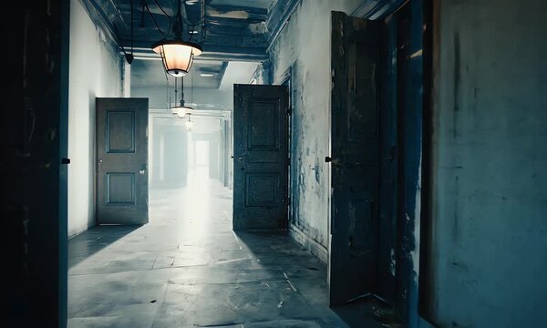 Eerie corridor tunnel video filled with invisible whispering entities and self-slamming doors that enhance the psychological terror