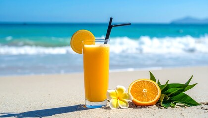 Obraz premium Refreshing orange juice on a sunny beach