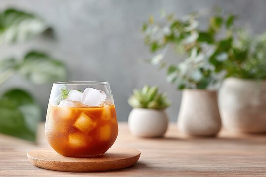Iced Cold Brew Coffee in Stemless Glass on Wood Coaster with Ice, Mint, Potted Plants, Wooden Table, Natural Lighting, Minimalist Style