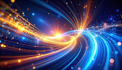 Fototapeta premium A vibrant, abstract composition featuring swirling lines of blue and orange with sparkling light effects against a dark background.