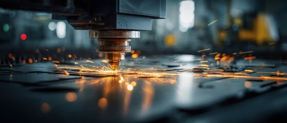 The laser cutting process generating sparks in a modern industrial workshop