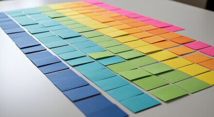 Gradient of colorful sticky notes neatly arranged on desk. Organized office supplies concept.