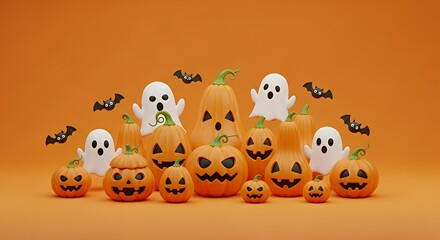 Halloween Halloween Ghost and Pumpkin Decorations with Bats on Orange Background