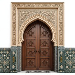 Intricately carved wooden door with archway isolated on white background