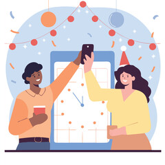 African American man and Caucasian woman celebrating New Year's Eve, taking selfie with smartphone, festive decorations and clock in background, capturing joyful moments of celebration