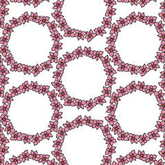 Floral pattern illustration featuring pink blossoms arranged in circular motifs on a white background, perfect for textile design and creative projects with vibrant aesthetics