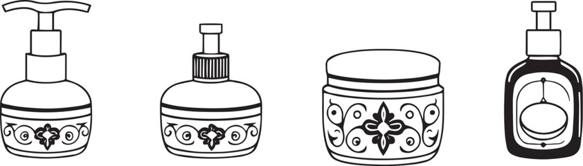A set of cosmetic containers. Jars, vials, bottles, tubes. Hand drawn vector illustration