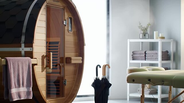 Warm Toned Wooden Phyto Barr with Glass Door, Light Brown Towel Hanging with White Shelves and Folded Towels with Massage Bed and Black Umbrella Inside a Bright Room Interior in High Angle View
