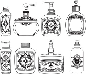 A set of cosmetic containers. Jars, vials, bottles, tubes. Hand drawn vector illustration