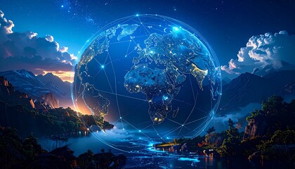 A digital globe, nestled in a serene, mountainous landscape, glows at night